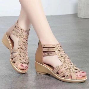 [Free Shipping] Roman Sandals For Women 2026 Soft-Soled Peep-Toe Mom Shoes Fashionable Outdoor WomenS Wedge Heel Sandals Gold Sandals