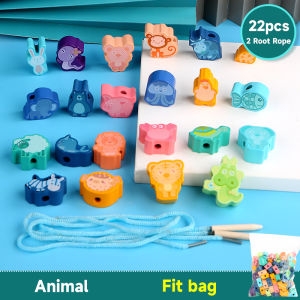 51PCS Wooden Beads Animals Threading Beads Set Preschool Learning Toys Montessori Educational Threading Toy
