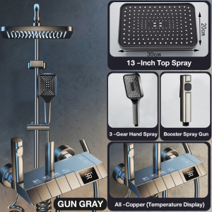 ชุดฝักบัว ฝักบัว ฝักบัวอาบน้ำ RAIN SHOWER จอแสดงผลดิจิตอล สีเทา ปุ่มควบคุมคีย์เปียโน อุณหภูมิ