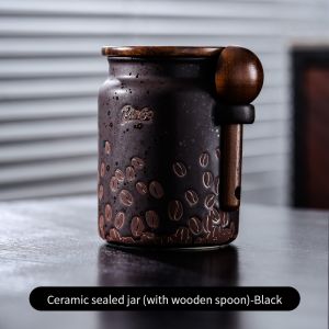 BINCOO Ceramic Coffee Bean Sealed Jar Storage Canister Home Coffee Powder with Wooden Lid 500ML