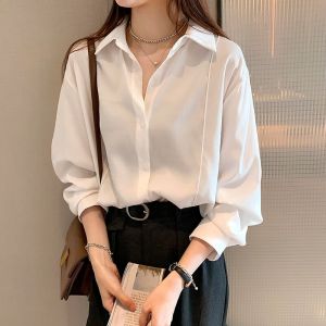 M-4XL Oversize Korean Style Plain Shirt for Women Casual Long Sleeve Blouse Top