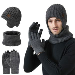 ZYJC 3Pcs/set Ấm áp Mũ Beanie khăn quàng cổ DệT  Mềm Khăn quàng cổ Lót Lông Cừu Mùa đông Len Mũ bảo vệ tai Dành cho Nam Nữ