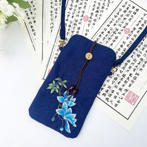 DXNZVA Phong cách cổ xưa Túi điện thoại thêu Vải lanh Cotton Phong cách Trung Quốc Túi đeo vai hoa Cá tính Túi xách Túi đeo chéo đa năng Bé gái