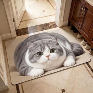BETTERFORM Diatomite Cat Print Doormat Non-slip Absorbent Entryway Rug Practical Washable Pet Floor Mat Hallway