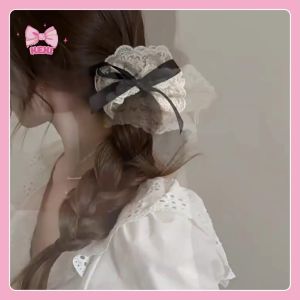 Dây buộc tóc scrunchies vải Lụa đen phối nơ Ren Trắng tiểu thư sang trọng