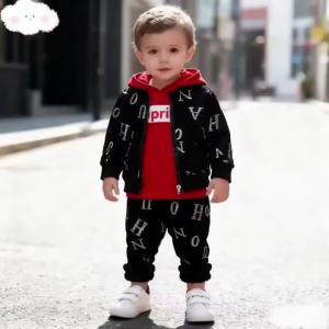 Toddler 3Pcs Letter Print Tracksuit Zip Up Jacket Red Hooded Sweatshirt Elastic Cuffed Jogger Pants Kids Streetwear Outfit Set2026