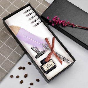 Vintage Feather Quill Dip Pen Fountain Pens With Ink +5 Nibs Set Stationery Gift