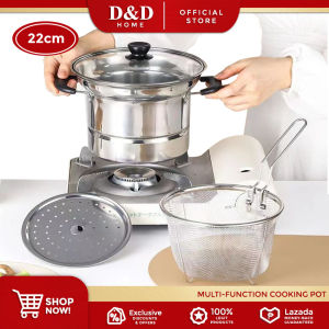 D&D Home | 22cm Stainless Steel 3 in 1 Steamer Fryer & Cooking Pot with Glass Lid | Cookwares