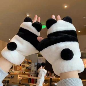 GENENIC Touch Screen Panda Plush Gloves Fleece-lined Korean Style Half Finger Gloves Kawaii Thickened Winter Velvet Mittens Ladies