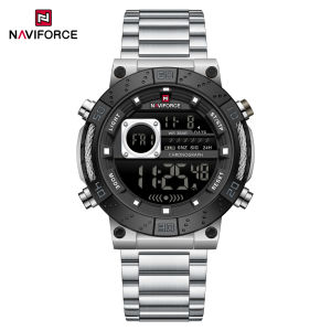 NAVIFORCE Original Digital Watch for Men LCD Dial Luminous Mode Calendar Date30m Waterproof  Stainless steel strap Boys Mens Outdoor Sports Casual Brand New Watches NF9241S