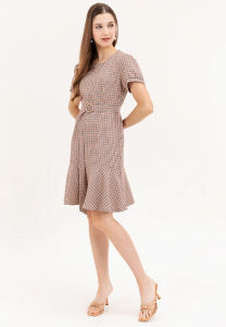 Krizia Plaid Cotton Tweed Flounce Hem Dress Gold Back Zipper Ring Belt