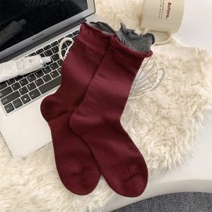 1/5Pairs Ruffles Cotton Socks for Women Girls Retro Ancora Red Gray Ankle Socks Autumn Winter Fashion Striped Dot Middle Tube Socks