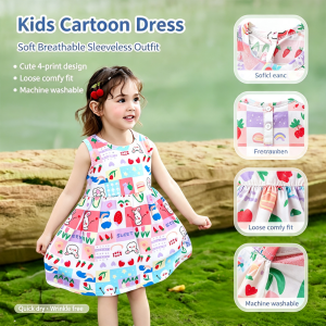 AILEBE Kids Dresses Sleeveless Cotton Summer Dress With Cute Cartoon Prints Lightweight Breathable Loose Comfy Fit Perfect OOTD Pambahay For Baby Girls 2-8 Years Machine Washable Quick-Dry Wrinkle-Free