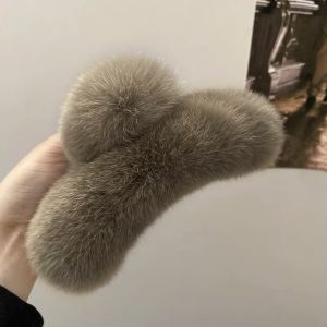 SOULLOV Leopard Print Plush Hair Claw Fluffy Pure Color Grasp Clip Elegant Oversized Winter Hair Accessories Girls