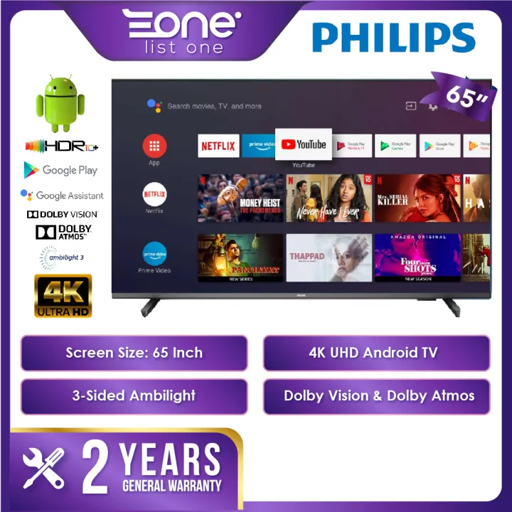 【24H Ship Out】Philips 65 Inch 4K UHD Android TV 65PUT7906 | Dolby Vision Atmos 3-Sided Ambilight | Netflix Smart TV | Philips Ambilight TV 65" Philips TV