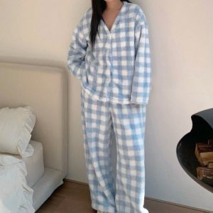 Winter Coral Fleece Thickened Warm Button Cardigan Long Sleeve Top Wide Leg Pants Plaid Pajama Set Homewear for Women