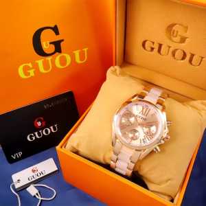 Paket Box Exclusive + Paperbag / Jam Tangan Guou Bulat Romawi VA-798SRA / Jam Tangan Fashion Wanita Tali Rantai Diameter 4 cm