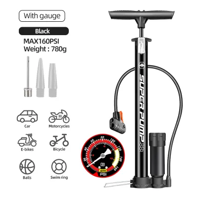 Bike Air Pump Max 160PSI Bicycle Tyre Floor Pump with Pressure Gauge for Balloon Football Basketball Portable Air Pump Inflator