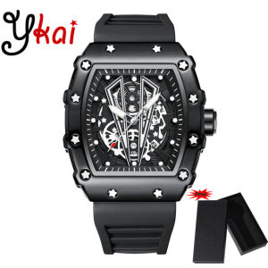 【With Watch Box】Ykai Original Men Watches Fashion Wristwatch Top Luxury Casual Waterproof Military Luminous Date Hollow out Silicone Strap Men Watch Tonneau Dial 995