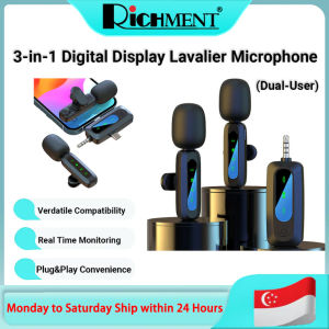 RICHMENT 3-in-1 Wireless Lavalier Microphone with Digital Display Clip on Mic for Most mobile phones Lightning/Type-C/3.5mm Noise Cancelling Plug & Play for Vlogging Live Streaming Recording
