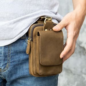 Mens Waist Bags Vintage Genuine Leather Mens Belt Bag Phone Purse Fanny Man