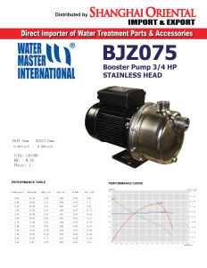 Booster Pump 3/4 HP (BJZ075)  (Water Master) 0.55kw H-33m Q-66LPM 220v/60hz Single-Phase STAINLESS HEAD
