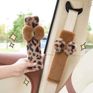 NEMOPH Soft Plush Steering Wheel Cover Leopard Print Fluffy Bow Seat Belt Shoulder Cover Cute Car Interior Anti-Choke Shoulder Cover Girls Car Decoration