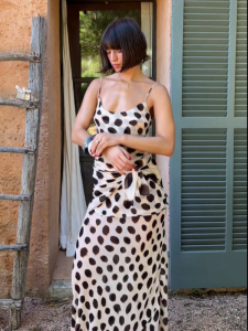 Womens Vacation Beige Brown Spot Satin Maxi Slip Dress Spaghetti Strap Side Twist Knot Slim Gown Summer Chic Party Date Outfit2026