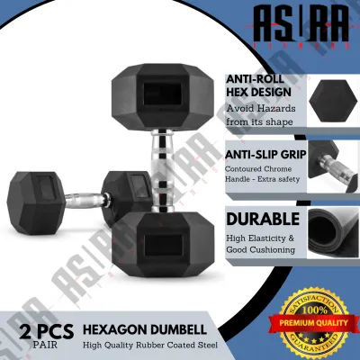 ASURA Fitness 1kg - 10kg Premium Rubber Coated Hexagon Dumbbell with Contoured Chrome Handle (Pair)