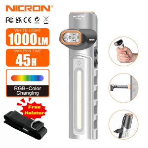 NICRON PT10 Rechargeable Flashlight 1000 Lumens EDC Flat Flashlight with 90° Rotatable Head and Strong Magnet 4 Modes White/UV/Warm/RGB IPX4 Waterproof Hands Free Flashlight for Camping Emergency