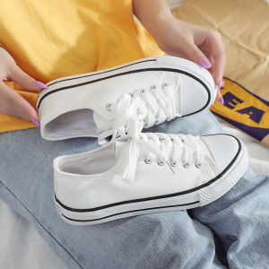 YoungShoes รองเท้าแฟชั่นสตรีสีขาว รองเท้าผ้าใบลำลอง พื้นหนา สวมใส่สบาย ระบายอากาศได้ดี ป้องกันการลื่นไถลและทนต่อการสึกหรอ