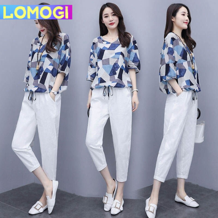 LOMOGI New Fashion Summer T-shirt casual Pants 2022 Korean Two Pieces Set  Women Suit