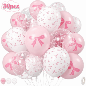 NOBLELYN 30pcs/set 12 Inch Pink Bow Balloons Transparent Sequins Wedding Decoration Balloon  Reusable Latex Balloon for Wedding Birthday Party Decor