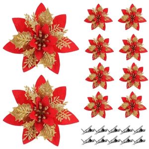 DYJKOUG 10Pcs Simulation Artificial Flowers for Christmas Tree Glitter Poinsettia Flowers with Clips Christmas Floral Decoration Sparkling Easy To Decorate Glitter Xmas Tree Ornaments Home Decor