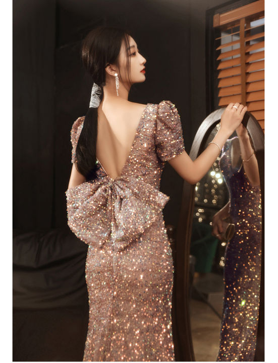 Long Party Sequins Formal Evening Gown Elegant Gold Host Annual Performance Dress Lazada PH