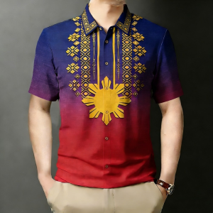 Barong Tagalog for Men Philippine Flag Shirt Traditional Clothing Retro Ethnic Shirt Business Short Sleeves Tops