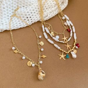 DGFDF Alloy Pearl Shell Starfish Necklace Sea Series Conch Ornaments Starfish Beach Pendant Multifunctional Jewelry Bohemian Shell Necklace Women