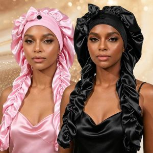 MP0Y Satin Material Sleep Bonnet Long Curling Ribbons Non-Slip Design Heatless Curl Bonnet Comfortable Soft Fabric No Heat Curling Bonnet For Sleeping