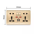 Universal Wall Socket With LED Light Switch 146 Type Dual 5 Holes Socket Gold PC Panel 13A 250V Universal Standard Power Wall Outlet Socket With USB Port 2.1A Dual USB Charger. 