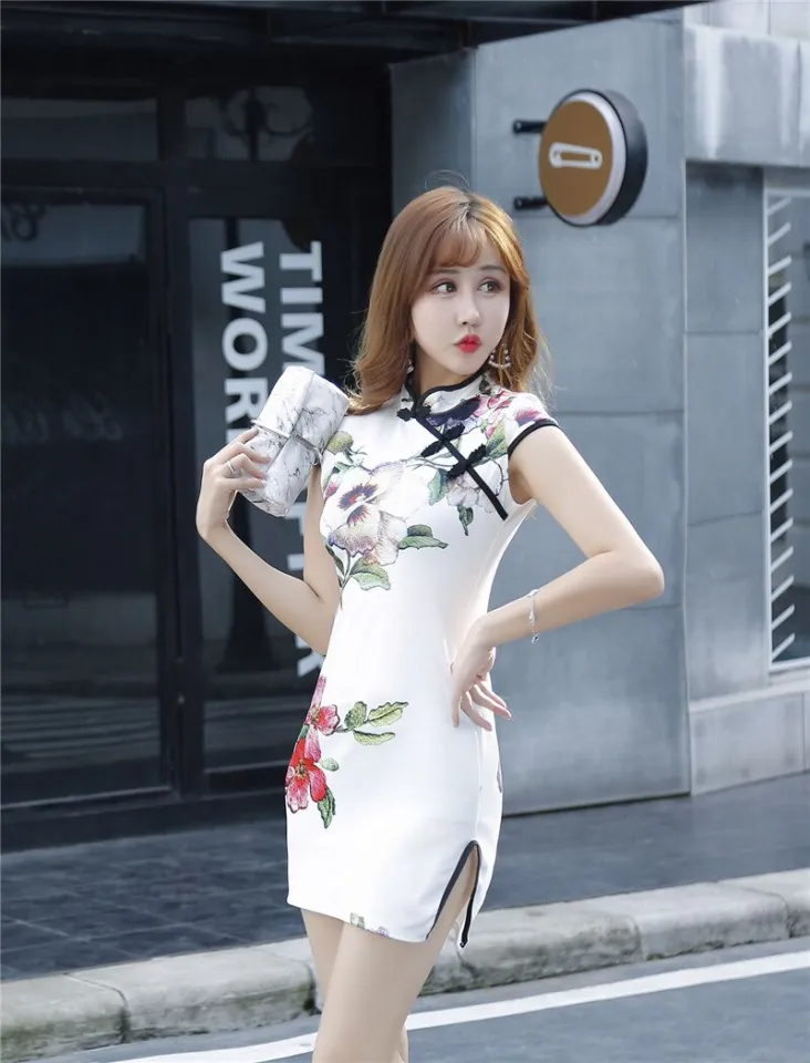 Long Bodycon Chong Sum Asian Dresses For Women Purple White Satin