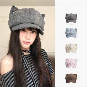 OUREAL Chấm bi Mũ Beret Tai Mèo Nơ Ngôi sao Mũ Beret Denim Có thể điều chỉnh Mũ bóng chày Ngoài trời