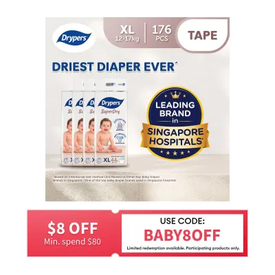 Drypers SuperDry Premium Tape Baby Diaper XL 44s x 4 (12-17kg) - Case