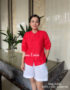 Áo sơ mi nữ cổ tàu tay lỡ chất LINEN TƠ Màu Đỏ. JUNE LINEN A46