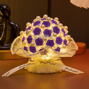 Diy Pearl Rose Bouquet With Led Light Artificial Flower Gift Set Rechargeable Romantic Decor