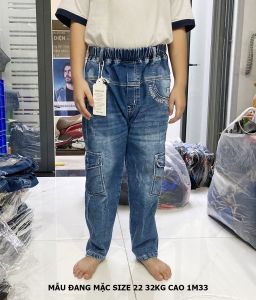 Quần jean dài cho bé trai 30kg đến 45kg lưng thun túi hộp chỉ nổi QT181
