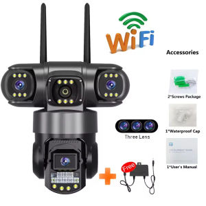Three Lens Three Screens PTZ IP Camera Outdoor HD Wifi 4G SIM Security Camera 10X Zoom Ai Human Detection Home Surveillance CCTV Camera