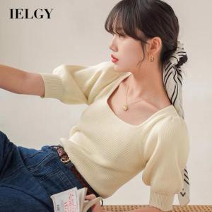 IELGY Cổ Vuông Pháp Tay Áo Phồng Áo Dệt Kim Áo Thun Mùa Hè Ngắn Tay Màu Trơn Vải Viscose Cổ Điển Phong Cách Mới Nữ