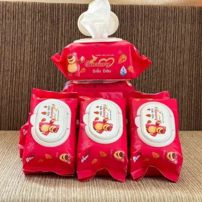 Thùng 10 Gói Khăn ướt cao cấp GẤU DÂU CANARY 650 G( 10 Gói 6.5KG) Không mùi Khổ khăn siêu lớn 18*24cm Vải dày Không Cồn An toàn cho bé.