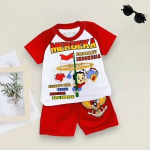 Setelan Baju Merah Putih Motif Panjat Pinang Bahan Katun Ready Usia Anak 3 Bulan-10 Tahun