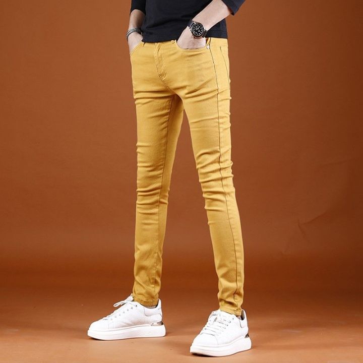 SONIX Solid Color Jeans for Men Slim Fit Men's Yellow Business Casual ...